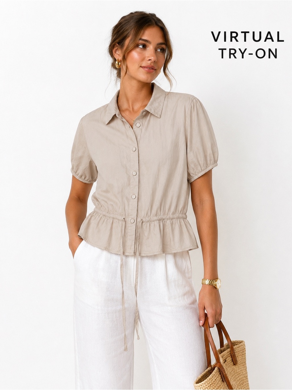 FHQ Collection Women Beige Peplum Blouse Button Front Drawstring Top Size M Casu